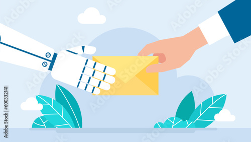 Close-up of robot hand, man, mail. Robot delivering mail to client. Email sent by AI. Man receiving parcel from bot courier flat style design. Newest robotic technologies concept. Vector illustration