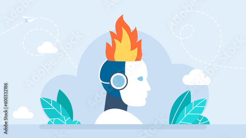 A fire in a robot's head. Artificial brain glitch and exploded. Cyborg with artificial intelligence failures overloaded and broken down. AI not coped with task. Future concept. Vector illustration