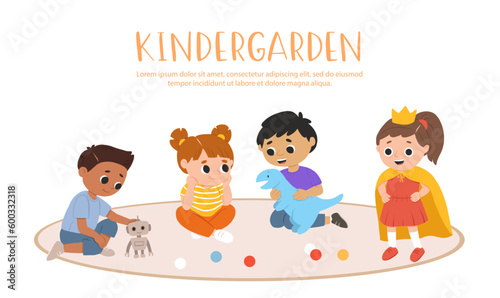 Kids play toys and games together in kindergarden. Cartoon playroom with children.