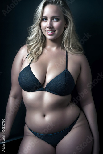 Curve woman plus size model in lingerie on black background. . Generative AI