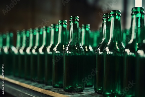 Beer bottles green color on production line being filled with alcohol. Generative AI