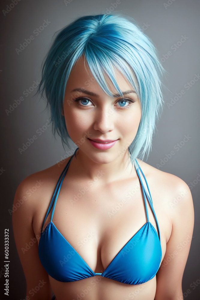 Beauty young woman with ble hair model in bikini on gray background. Generative AI Beauty young woman with ble hair model in bikini on gray background. Generative AI