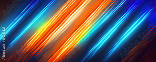 Color rays. Glowing background. Stripe texture. Blur luminous orange blue light flare diagonal lines decorative abstract art illustration.