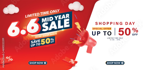 6.6 Mid year sale banner with 3D Sale element are available for use on online shopping websites or in social media advertising.