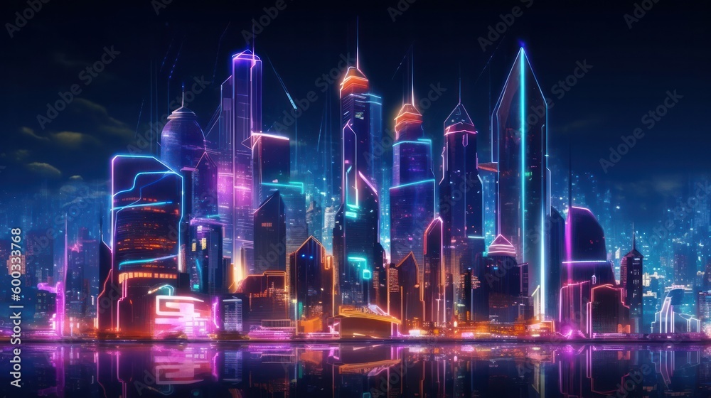 Neon mega city capital towers with futuristic technology background, future modern building virtual reality, night life style concept. Generative AI.
