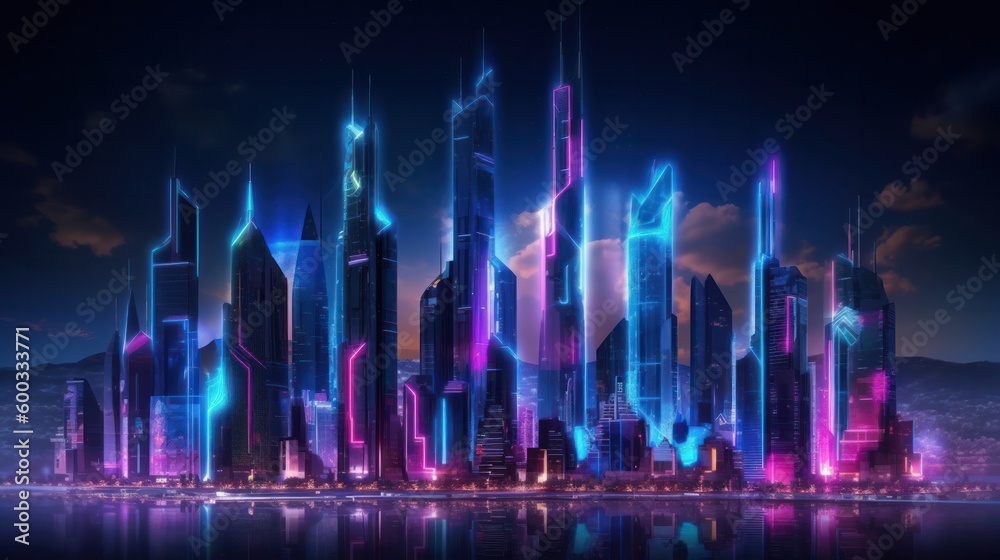 Neon mega city capital towers with futuristic technology background, future modern building virtual reality, night life style concept. Generative AI. Neon mega city capital towers with futuristic technology background, future modern building virtual reality, night life style concept. Generative AI.