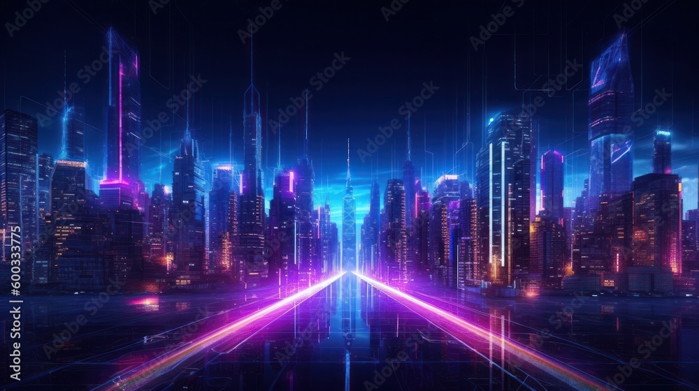 © Pro Hi-Res - Neon mega city capital towers with futuristic technology background, future modern building virtual reality, night life style concept. Generative AI.