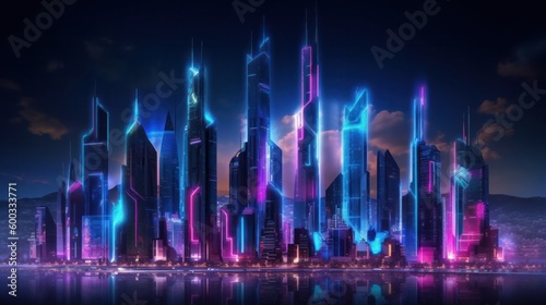 Neon mega city capital towers with futuristic technology background, future modern building virtual reality, night life style concept. Generative AI.