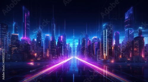 Obraz na plátně Neon mega city capital towers with futuristic technology background, future modern building virtual reality, night life style concept