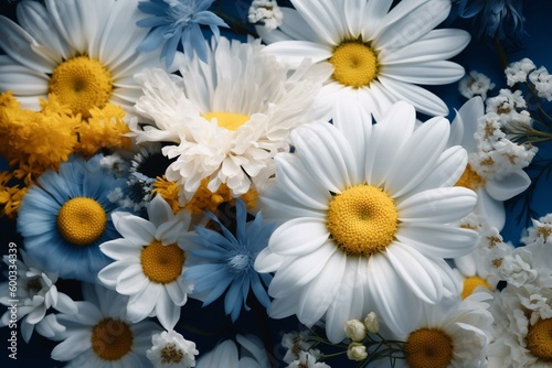 White and yellow flowers amid blue and white ones  each with yellow centers. Generative AI