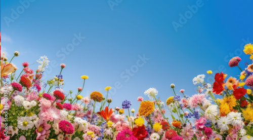 Summer Yellow Sunflowers  daisy flowers and knapweeds flowers Border surrounding on a blue Cloud sky  Highlighting the Soft and Selective Elements of Flower Border Art. Generative ai