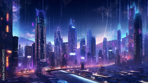 futuristic city skyline at night, with towering skyscrapers and neon lights illuminating the streets. generative ai. © Strabiliante