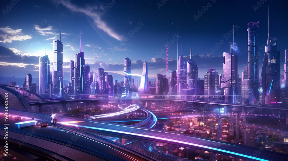 A futuristic city with sleek buildings and hovering vehicles, with neon lights and holographic billboards. generative ai.