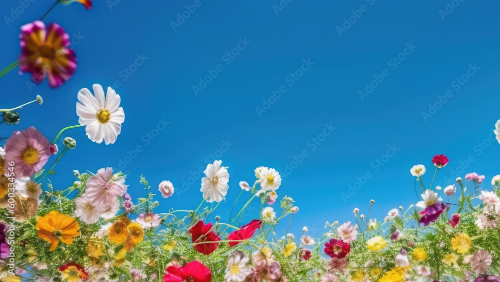 Summer Yellow Sunflowers, daisy flowers and knapweeds flowers Border surrounding on a blue Cloud sky, Highlighting the Soft and Selective Elements of Flower Border Art. Generative ai
