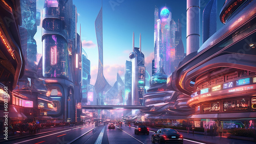A futuristic city with sleek buildings and hovering vehicles  with neon lights and holographic billboards. generative ai.