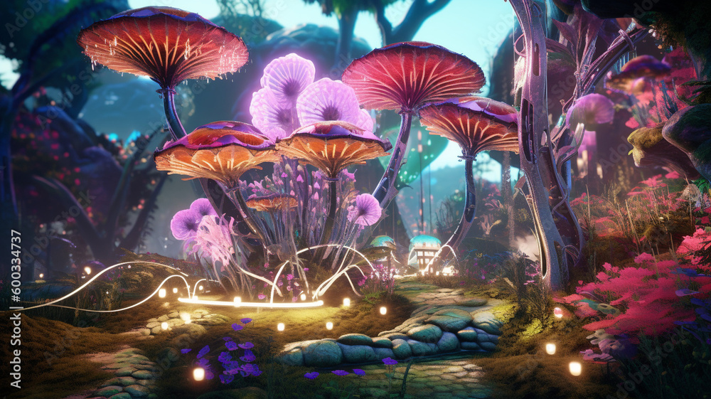 fantasy futuristic garden in the spring, with a mix of organic and synthetic elements including glowing mushroom, grass. generative ai.