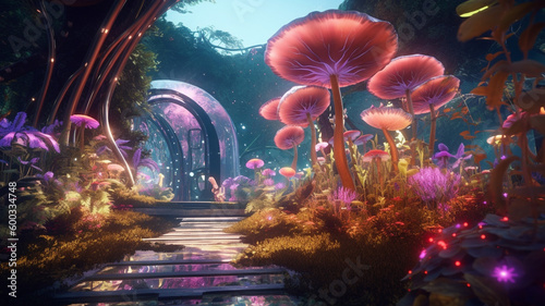 fantasy futuristic garden in the spring, with a mix of organic and synthetic elements including glowing mushroom, grass. generative ai.