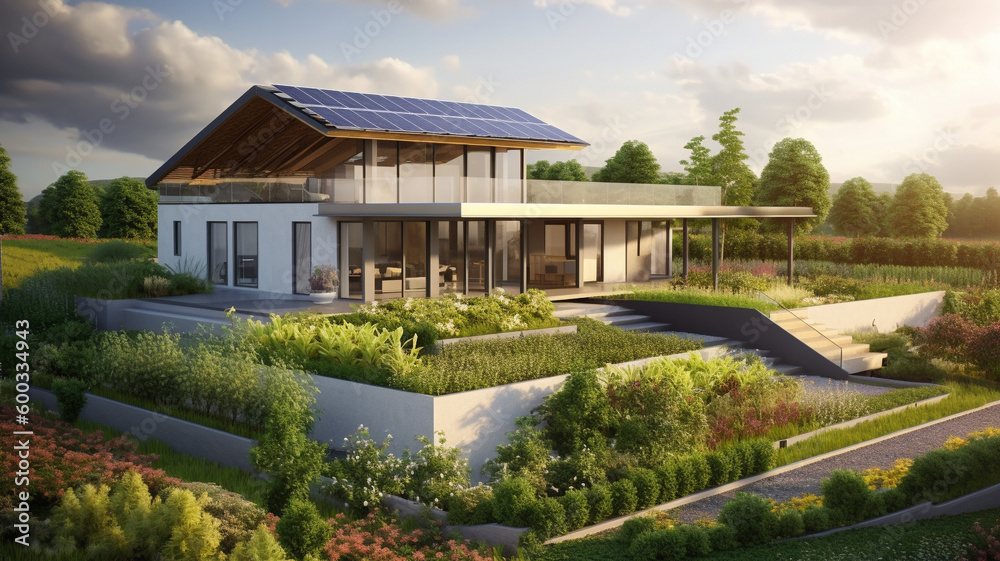 a modern eco-friendly house surrounded by a garden, with solar panels on the roof. sustainable living concept. generative ai.