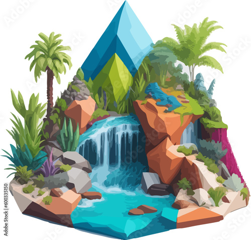 A vibrant 3D pyramid-shaped colorful realistic illustration painting of a sustainable ecosystem  featuring waterfall  a variety of plants  and rocks in a bright white background