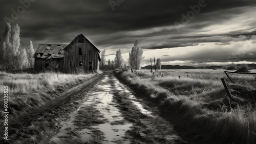 A black and white illustration of an old abandoned barn in a rural setting. generative ai © Strabiliante