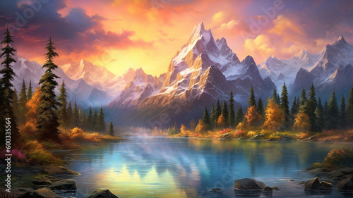 A breathtaking mountain range with snow-capped peaks  a crystal-clear lake in the foreground  and a colorful sunset sky in the background. generative ai
