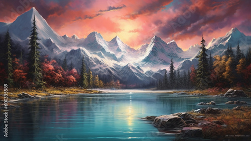 A breathtaking mountain range with snow-capped peaks  a crystal-clear lake in the foreground  and a colorful sunset sky in the background. generative ai