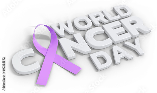 3D Render World Cancer Day Text With Purple Ribbon