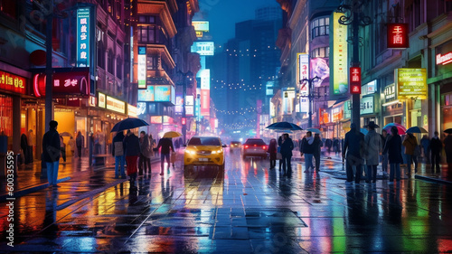 A bustling city street at night  with bright lights and tall buildings  reflecting on the wet pavement  people in colorful clothes and umbrellas walking by. generative ai.