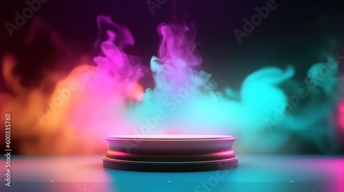 Empty stage background with colorful neon spot light beam shine on smoke background, concert stand with blank space for mock up. Generative AI.