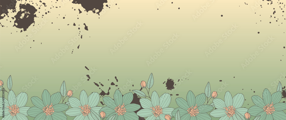 Abstract floral green gradient background with flowers and splashes. Background for text, photos, diplomas, postcards and presentations
