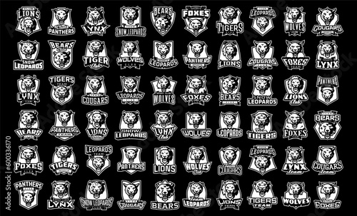 Monochrome set of sport logos animal mascots. Black and white collection of mascots for sports clubs and teams. The heads of animals against the background of the shield, the font of the team