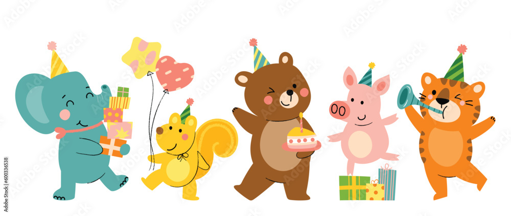 Happy birthday concept animal vector set. Collection of adorable wildlife, elephant, squirrel. Birthday party funny animal character illustration for greeting card, invitation, kid, education, prints. - obrazy, fototapety, plakaty 