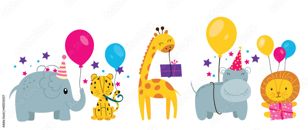 Happy birthday concept animal vector set. Collection of adorable wildlife, elephant, tiger. Birthday party funny animal character illustration for greeting card, invitation, kid, education, prints. - obrazy, fototapety, plakaty 