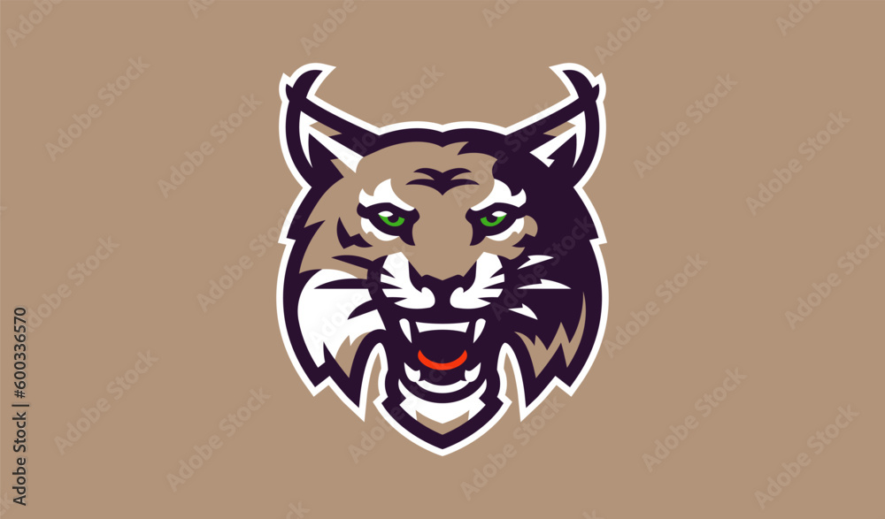 Lynx mascot logo. Wild animal head logo with grin. Badge, sticker of a lynx for a team, sports club. Isolated vector illustration