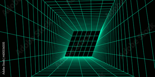 3D wireframe room on green background. Abstract perspective grid. Vector illustration.