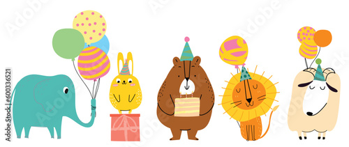 Happy birthday concept animal vector set. Collection of adorable wildlife, lion, elephant. Birthday party funny animal character illustration for greeting card, invitation, kid, education, prints.