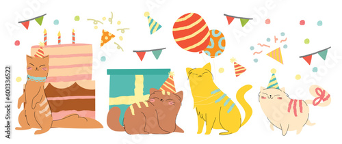 Happy birthday concept animal vector set. Collection of adorable pet, cat, balloon, gift. Birthday party funny animal character illustration for greeting card, invitation, kids, education, prints.