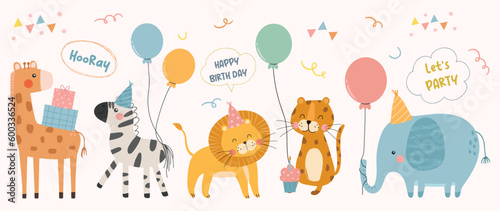 Happy birthday concept animal vector set. Collection of adorable wildlife, elephant, zebra. Birthday party funny animal character illustration for greeting card, invitation, kid, education, prints. © TWINS DESIGN STUDIO