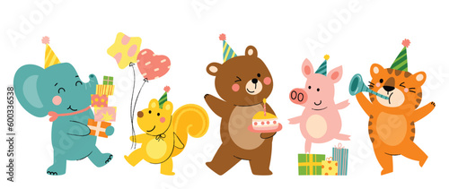 Happy birthday concept animal vector set. Collection of adorable wildlife, elephant, squirrel. Birthday party funny animal character illustration for greeting card, invitation, kid, education, prints. © TWINS DESIGN STUDIO