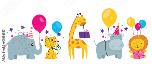 Happy birthday concept animal vector set. Collection of adorable wildlife, elephant, tiger. Birthday party funny animal character illustration for greeting card, invitation, kid, education, prints.