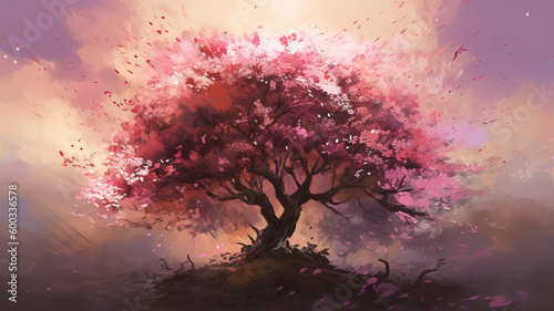  a cherry blossom tree in full bloom, with the delicate pink petals scattered around the tree and the sun setting in the background. generative ai. © Strabiliante