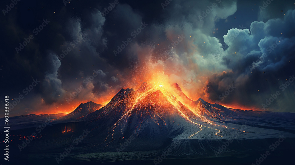 A dramatic volcanic eruption at night, with lava flowing down the mountain and sparks flying in the air, set against a dark sky. generative ai.