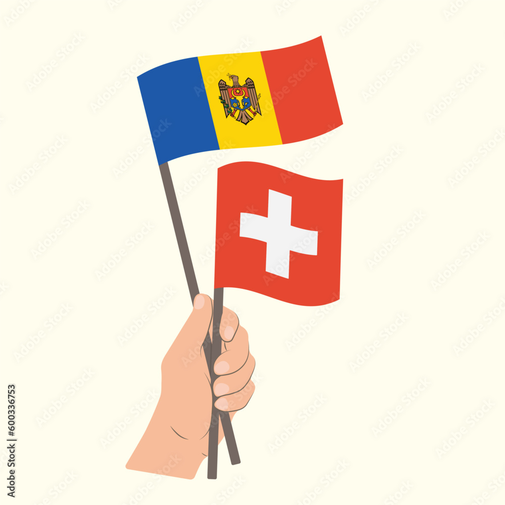 Flags of Moldova and Switzerland, Hand Holding flags