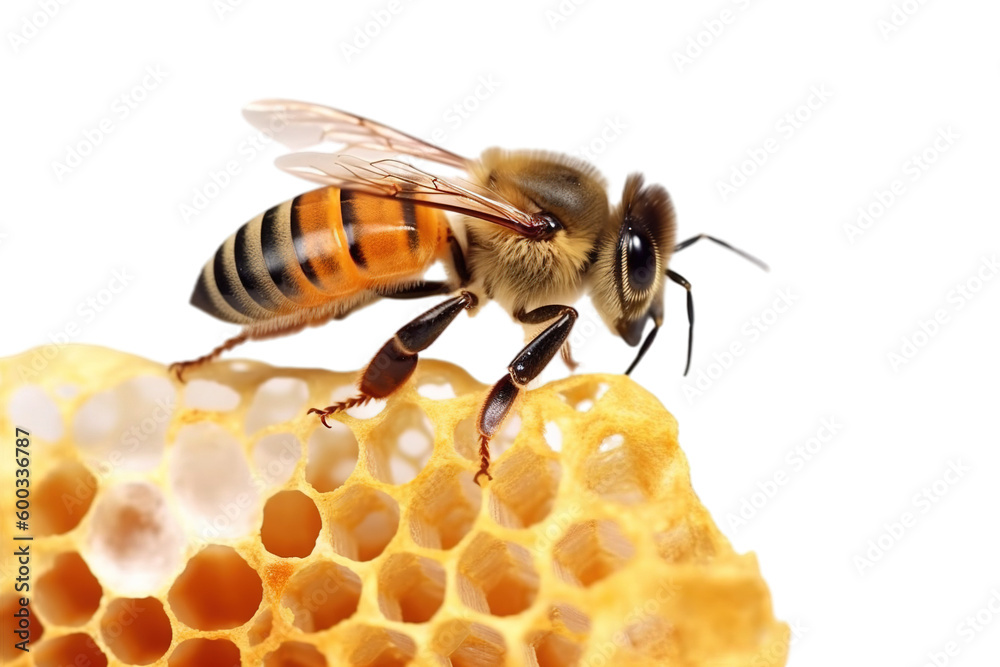 A bee sits on a honeycomb - a jar of honey isolated background A bee sits on a honeycomb - a jar of honey isolated background