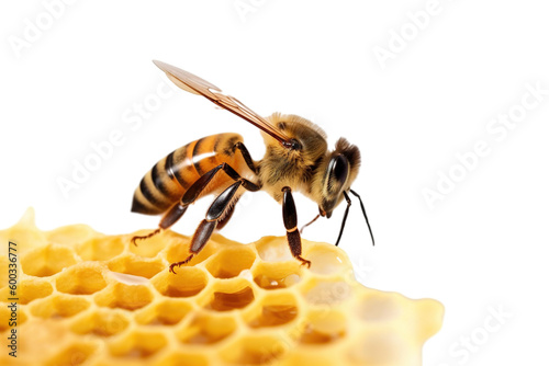 A bee sits on a honeycomb - a jar of honey isolated background