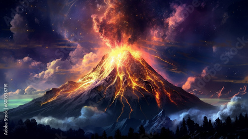 A dramatic volcanic eruption at night, with lava flowing down the mountain and sparks flying in the air, set against a dark sky. generative ai.