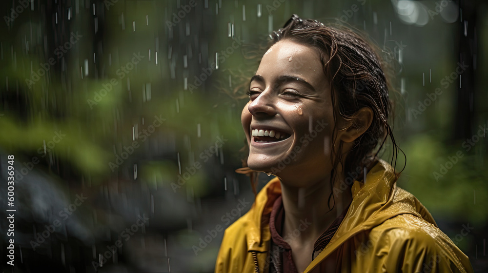 Image of positive young woman smiling wearing yellow raincoat during the rain in tropical forest. Cheerful female enjoying the rain outdoors. Generative AI Image of positive young woman smiling wearing yellow raincoat during the rain in tropical forest. Cheerful female enjoying the rain outdoors. Generative AI