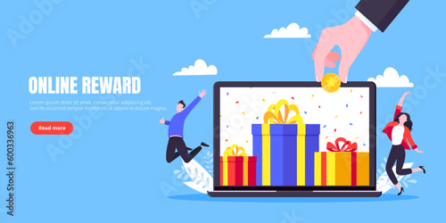 Get online reward and gifts, earn loyalty program points. Get loyalty card and customer service business concept flat design vector illustration. Tiny people with big gift boxes.