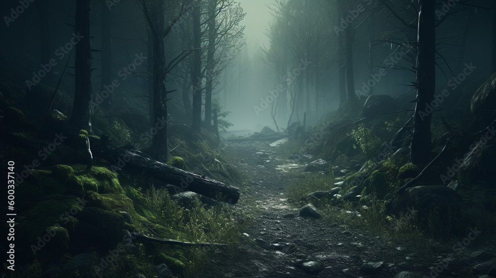 A misty forest with a winding path leading into the unknown, with trees looming over the path and a faint light shining in the distance. generative ai.