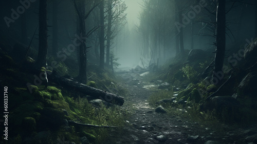 A misty forest with a winding path leading into the unknown  with trees looming over the path and a faint light shining in the distance. generative ai.